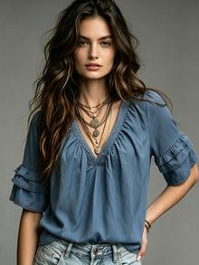 Glimmora Double Layer Ruffle Mid-Sleeve Pleated Loose Vintage Casual Shirt - Royal Blue - View 5