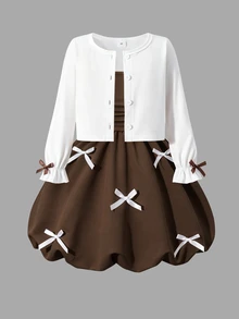 SHEIN Elladie kids 2件組女童幼兒套裝，溫柔女孩風白色長袖外套搭配粉色蝴蝶結細肩帶花苞洋裝，輕便休閒日常度假款，適合春夏 - 棕色 - 查看 7