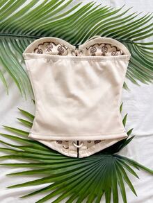 Soleia Plus Size Vacation Embroidered Criss-Cross Tie Straps Bandeau Top Winter - Apricot - View 2