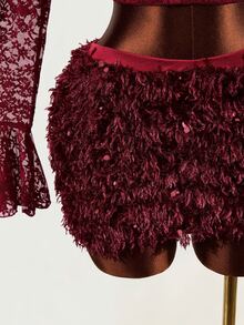 Mistrie Setelan 2 Potong Renda Merah Chic Wanita Musim Gugur-Dingin Terbaru. Lengan terompet renda dirangkai, dengan desain berongga di bagian dada untuk tampilan yang menawan. - Burgundy - View 5