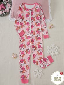 Tween Girls' Slim Fit Long Sleeve Long Pants Jumpsuit With Bow Print And Zipper, Loungewear - Multicolor - View 1