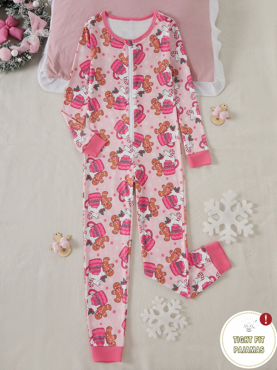 Tween Girls' Slim Fit Long Sleeve Long Pants Jumpsuit With Bow Print And Zipper, Loungewear - Multicolor - View 1