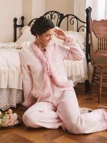 Côtesoire Women's Shiny Velvet Striped Long Sleeve Pants Pajama Set - Dusty Pink - View 4