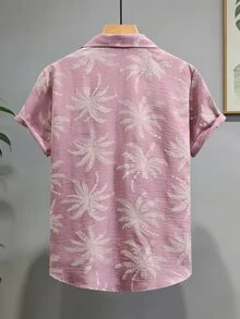 VENTUSAIL 男士時尚休閒度假風短袖襯衫，附仿刺繡設計 - 玫紅色 - 查看 2