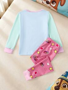 SHEIN | PAW Patrol 秋冬少女聯名款可愛小狗印花柔軟舒適貼身高彈力面料長袖長褲兩件套家居服 - 粉色 - 查看 2