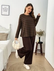 Easowa Curve Plus Size Comfortable Striped Long Sleeve Top And Pants 2 Pieces Set - Multicolor - View 6