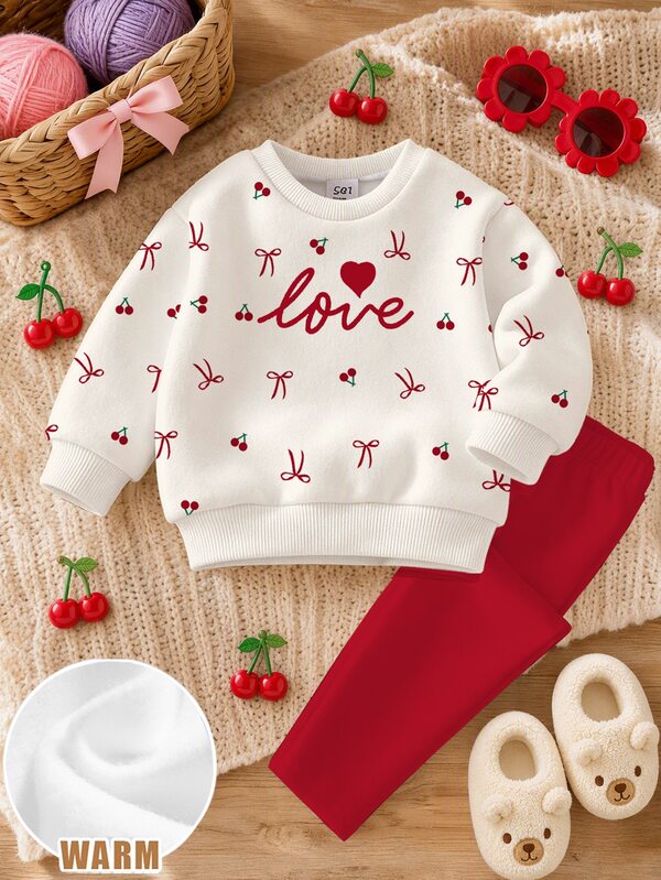 Baby Girl Casual Crew Neck Long Sleeve Sweatshirt & Leggings 2pcs Set, Cherry For Autumn/Winer