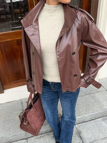 SHEIN EZwear 女款純色腰部打結PU皮革時尚百搭長袖夾克 - 棕色 - 查看 5