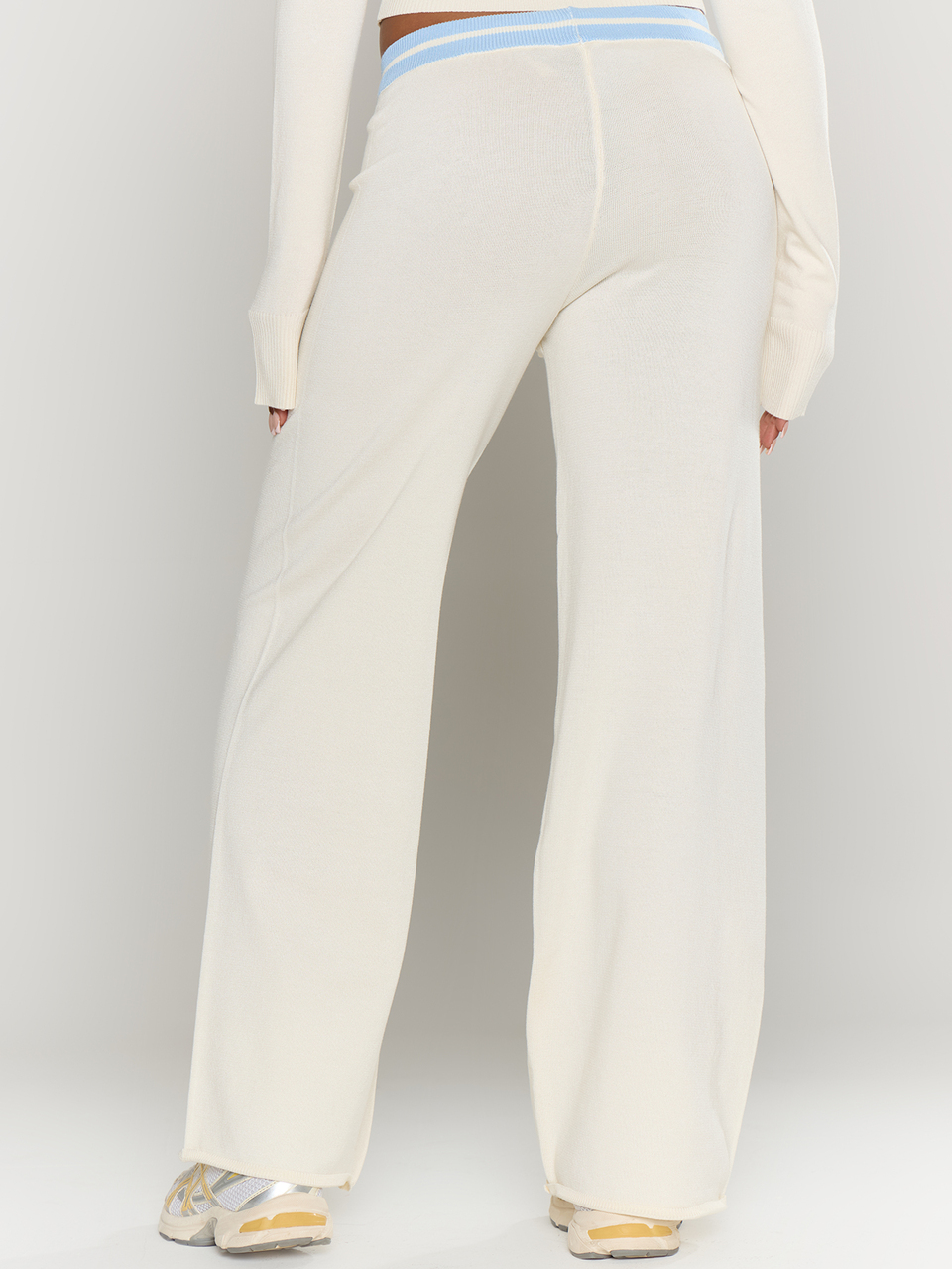 Petite White Low Rise Contrast Drawstring Waistband Wide Leg Knit Trousers