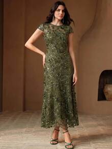 Anewsta Affair Women's Fall/Winter Elegant Sexy Olive Green 3D Applique Sequin Round Neck Cap Sleeve Mid-Length Evening Gown For Wedding Guest Party Ceremony - Green - View 3