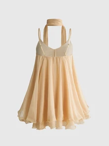 ROMWE Avant Sexy Romantic Chiffon Flowy Ribbon Ruffle Hem Cami Short Dress For Women - Apricot - View 2