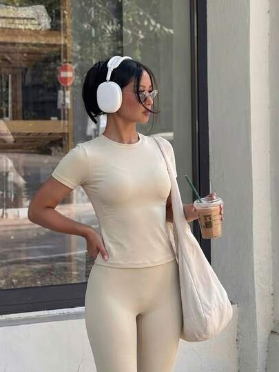 SHEIN Dewbera Milk Coffee Solid Color Matte Plain No Decoration Pattern Semi-High Neck Gathered Short Sleeve Fitted Waist & Abdomen Cut Top Slimming Yoga Pants Set Relaxed Korean Style Fitness Casual Vibe Suitable For Late Summer Early Autumn Suburban Hiking Park Strolling Light Camping Gym Training Community Walking