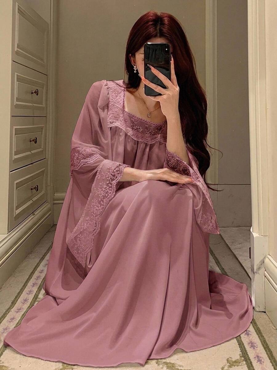 DAZY 浪漫婚禮蕾絲拼接公主風甜美長版女款睡袍 - 藕粉色 - 查看 1