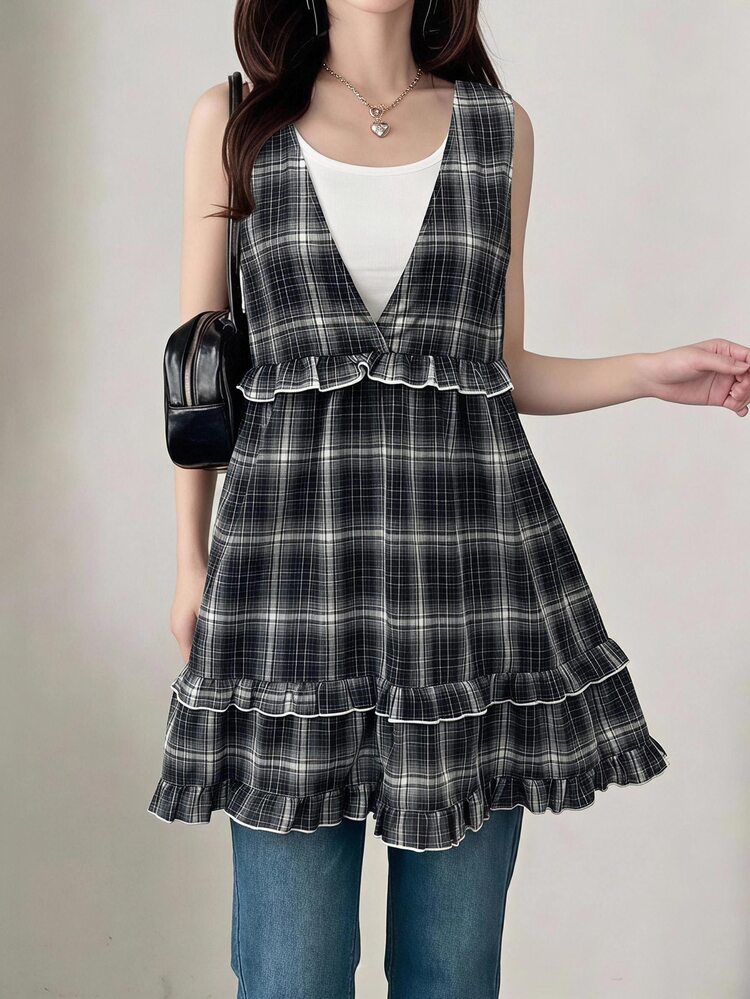 FRIFUL Women's Plaid Camisole Bow Tie Straps, A-Line Multi-Layered Ruffle Hem, Cute Vintage Tank Top, Summer Going Out Vacation Black And White Checkered - Black - View 7