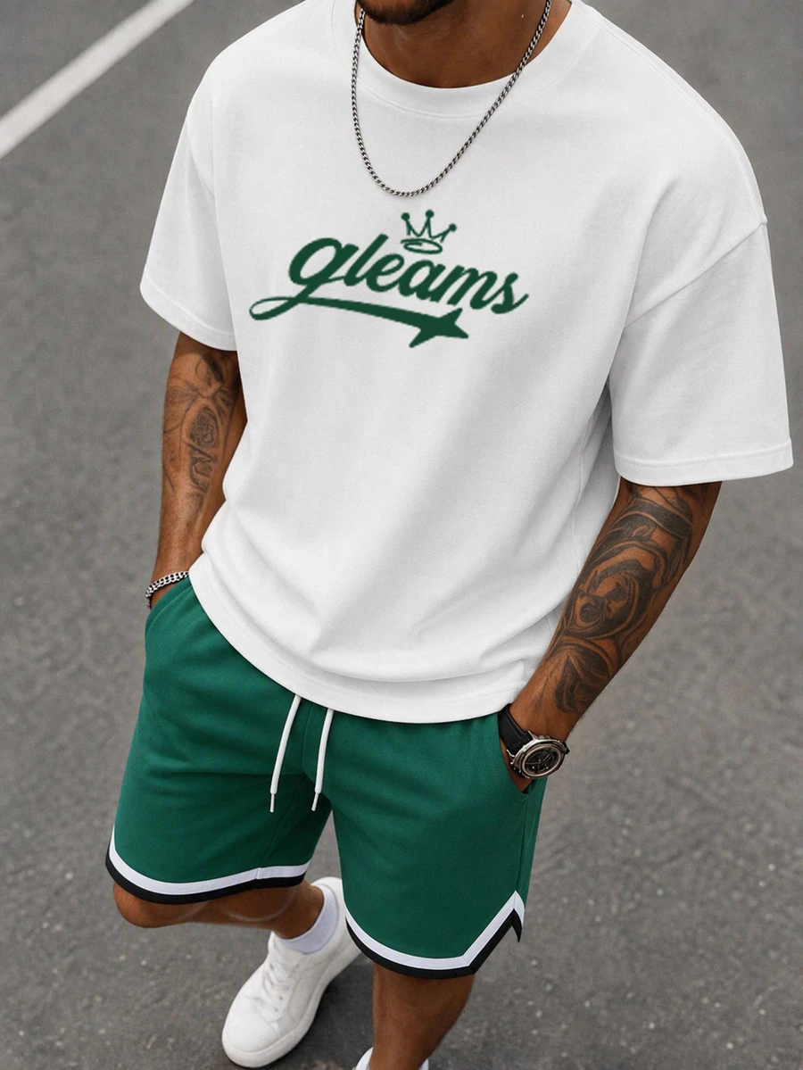 Sorvial Standard Size Loose White T-Shirt Green Basketball Shorts Sports Set, Minimalist Letter Design - Multicolor - View 1