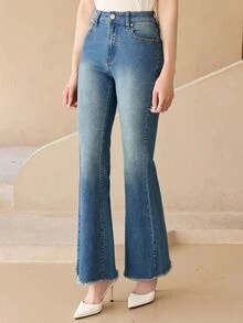 DAZY Celana Jeans Flare Kasual Wanita dengan Motif Washed untuk Musim Gugur - Biru - View 6