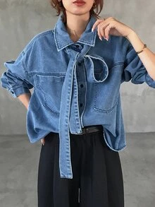 FRIFUL Women's Tie-Neck Casual Versatile Daily Denim Top - Blue - View 7