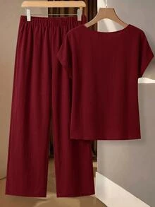 SHEIN Clasi 女款夏季綁帶上衣與百搭寬腿褲套裝 - 紅色 - 查看 2