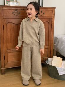 Dazy Kids Tween Girl) Casual Long Sleeve Sweater Top With Turn-Down Collar + Wide Leg Pants 2 Pieces Set - Apricot - View 8