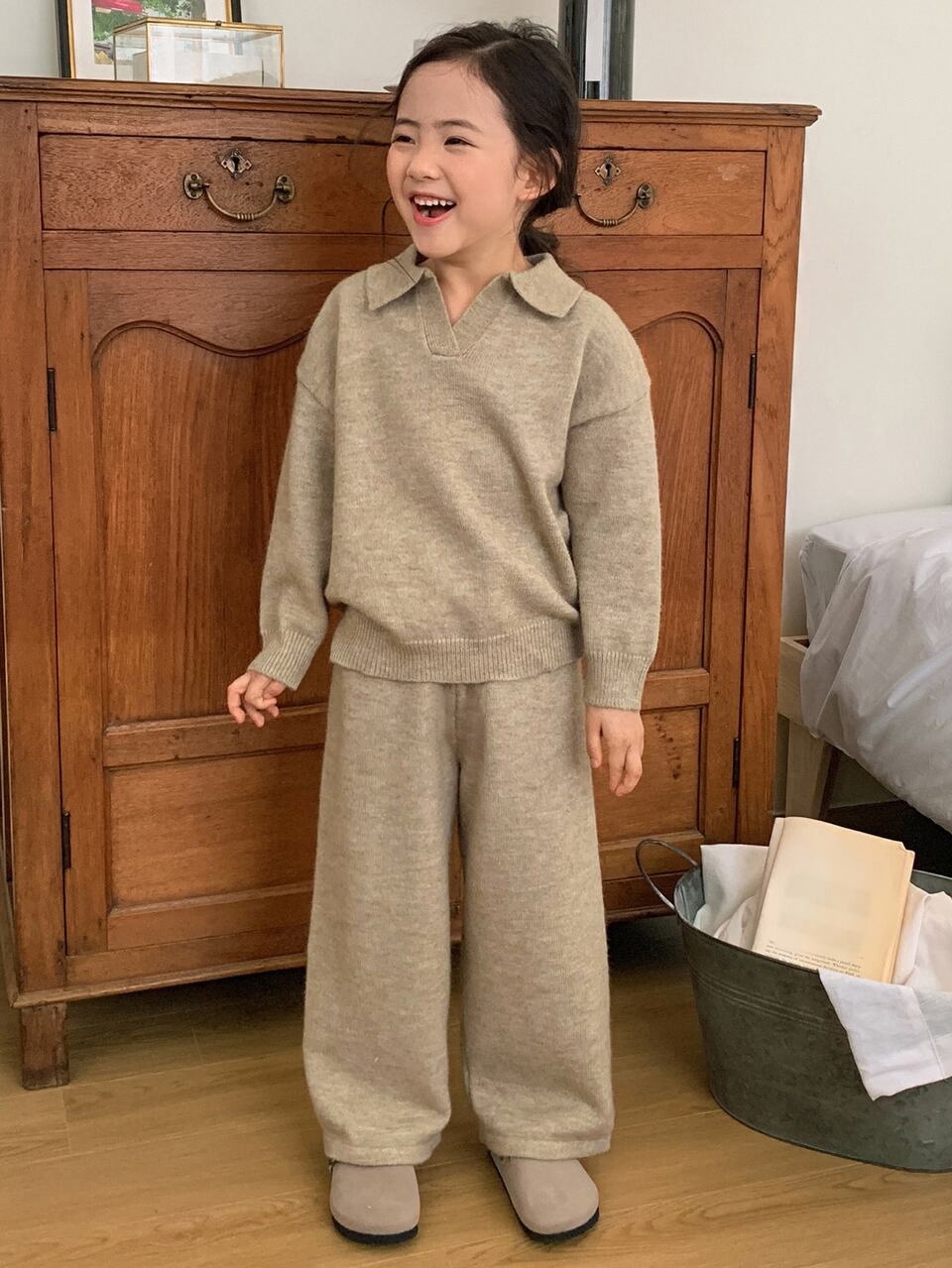 Tween Girl) Casual Long Sleeve Sweater Top With Turn-Down Collar + Wide Leg Pants 2 Pieces Set