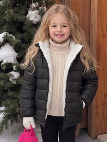 Elladie kids 1件少女色立領白色抓絨內裡拉鍊長袖外套，真實口袋，秋冬素色外套 - 黑色 - 查看 7