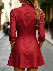 Trelyra Women's Solid Color Notched V-Neck Pocket Casual Mini Dress - Red - View 2