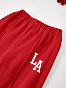 SHEIN Tween女孩休閒「LA」字母印花針織純色寬鬆落肩長袖衛衣與百褶寬腿運動褲套裝，女孩秋季服飾，女孩秋季穿搭，女孩冬季服飾 - 紅色 - 查看 6