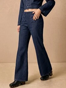 CielaLinda Women's Frog Button Denim Flared Pants, Vintage Inspired Jeans - Blue - View 4