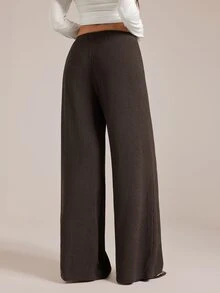SHEIN Tall Women's Solid Color Tie Waist Wide Leg Loose Casual Versatile Pants - Brown - View 2