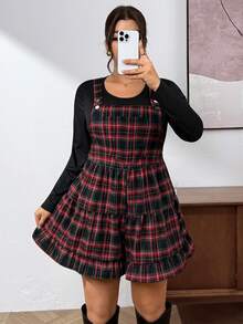 Lounesse Women's Plus Size Minimalist Long Sleeve Top And Plaid Romper Set - Multicolor - View 4