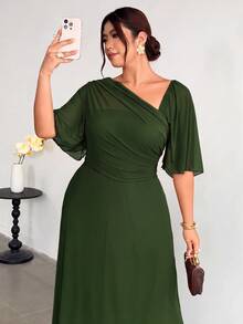 Firerie Plus Size Asymmetrical Neckline Pleated Dress - Olive Green - View 5