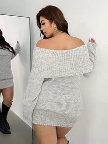 Auralis Off-Shoulder Folded Long Sleeve Fitted Grey Knit Dress, Sexy Soft Aesthetic, Autumn/Winter - Light Grey - View 3