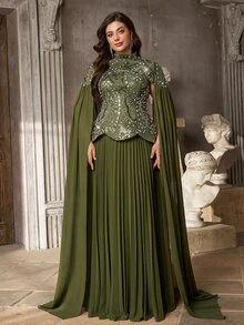 Aureia Plus Size Elegant Luxurious Olive Green Sequin Embroidered Patchwork Chiffon Two Pieces Style Pleated A-Line Evening Gown, Suitable For Dinner Party, Date, Ball, Vacation, Wedding, Event, Heavy Work Evening Dress, Guest Dress - Green - View 1