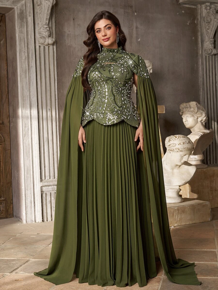 Aureia Plus Size Elegant Luxurious Olive Green Sequin Embroidered Patchwork Chiffon Two Pieces Style Pleated A-Line Evening Gown, Suitable For Dinner Party, Date, Ball, Vacation, Wedding, Event, Heavy Work Evening Dress, Guest Dress - Green - View 1