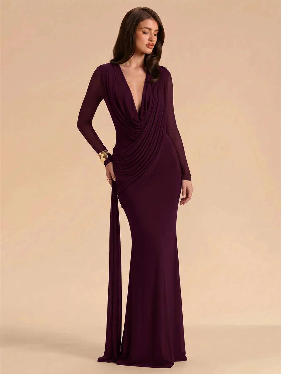 SHEIN BAE Women's Solid Color V-Neck Pleated Casual Party Dress - Maroon - View 1
