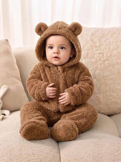 SHEIN Newborn Baby Boy Baby Girl Autumn/Winter Cute Cartoon Pattern Fuzzy Hooded Footed Romper