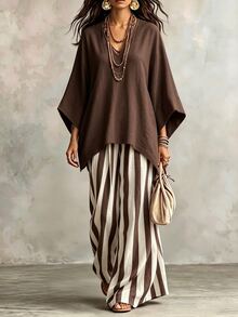 Selamara Women's Solid Color Batwing Sleeve Top & Striped Long Pants 2 Pieces Set - Multicolor - View 4