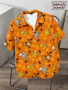 LOONEY TUNES X SHEIN Daypath Halloween Themed Men's All-Over Print Short Sleeve Shirt - Orange - View 1