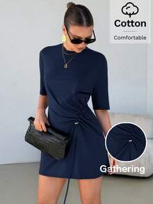 Lavishia Women's Elegant Slim-Fit Ruched Loose Comfortable Pure Cotton Top, Suitable For Casual And Vacation - Navy Blue - View 1