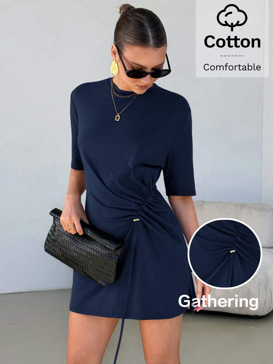 Lavishia Women's Elegant Slim-Fit Ruched Loose Comfortable Pure Cotton Top, Suitable For Casual And Vacation - Navy Blue - View 1