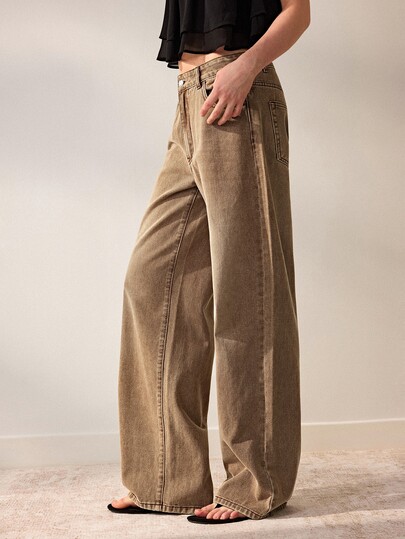 Willow Rêve Pantalones rectos de pierna ancha de cintura media color caqui para mujer, con lavado vintage y silueta fluida, unicolor estilo casual bohemio occidental, adecuados para viajes, vacaciones, fotografía callejera y uso diario
