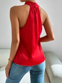 SHEIN Tall Women's Solid Color Fashion Versatile Criss-Cross Halter Neck Tank Top - Red - View 2