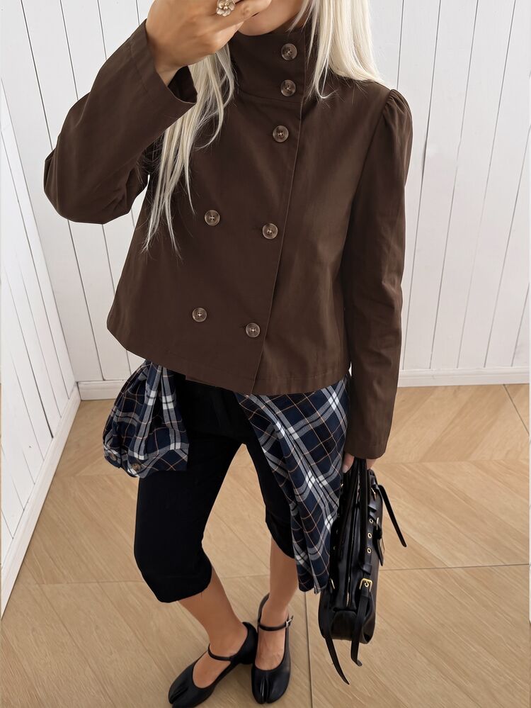 SHEIN EZwear Women's Solid Color Double-Breasted Long Sleeve Casual Trench Coat - Brown - View 5