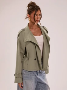 SHEIN BAE Veste femme couleur unie col montant décontractée polyvalente pour usage quotidien et voyage manches longues - Kaki - Voir 6