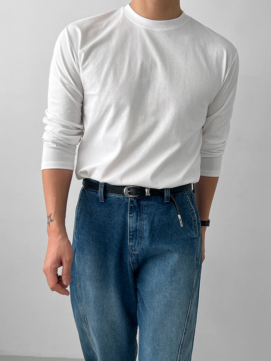 DAZY Spring/Autumn Solid White Long Sleeve Fitted Commuter Men's T-Shirt - White - View 1