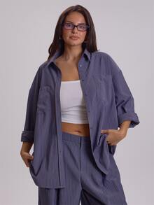 MUSERA Plus Size Blue Stripe Button Down Shirt Top Winter Fall Womens Outfit Casual - Grey - View 1