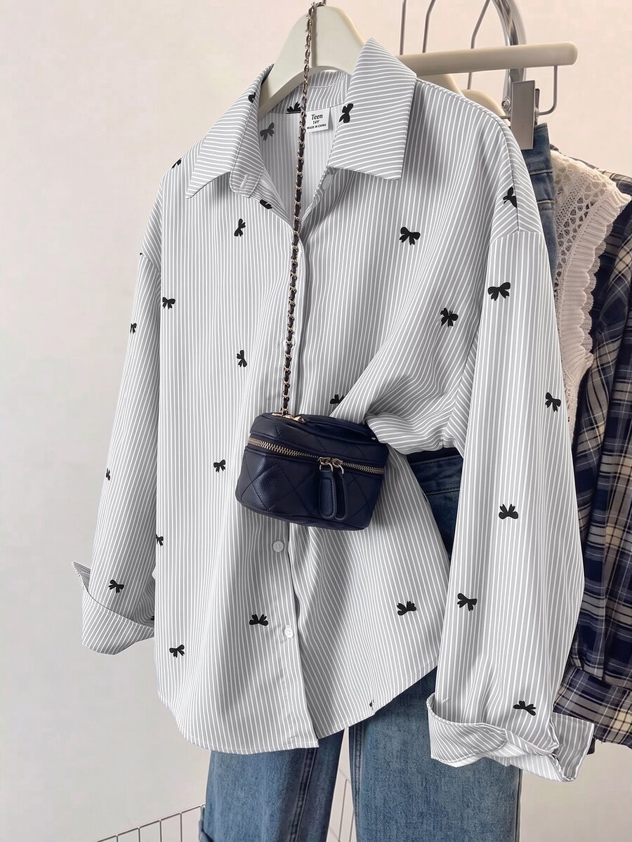 SHEIN Teen Girls Autumn New Blue & White Striped Cherry Pattern Loose Long Sleeve Shirt - Grey - View 1