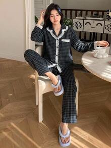 DAZY 2pcs Plaid Embroidered Pattern Pajama Set Fall - Navy Blue - View 5