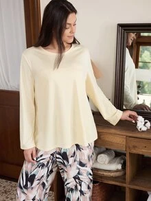 Doze Lane Minimalist Solid Color Long Sleeve Top + Abstract Art Print Pants Plus Size Loungewear Set - Multicolor - View 6