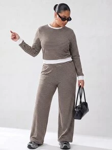 Solavibe Striped Two Piece Set, Plus Size Brown Crop Top & Flare Pants For Travel Hangout,Campus,Urban Stroll,Two Piece Set,Casual Sets,Back To School - Brown - View 7